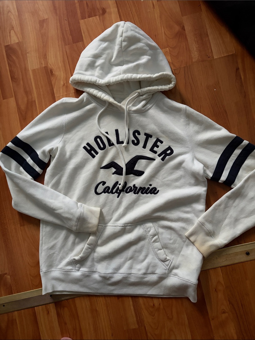Hollister White Hoodie with Navy Logo & Sleeve Stripes